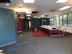 Office remodel in Los Angeles, CA. Major tenant improvement: demolition, walls, electrical, acoustic ceiling (t-bar and ceiling tiles), carpet, painting, and floor plan redesign.